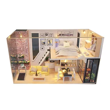 Diy casa de boneca de brinquedo, miniaturas de cozinha, acessórios de casa de bonecas de madeira em miniatura casa de bonecas diy kast kit de móveis drewniany domek