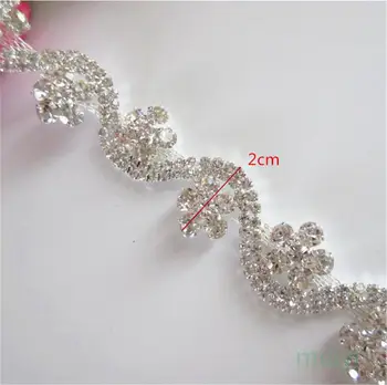 30cm Flor Strass Cristal Cadeia de Guarnição da Fita Brilho de Diamante Prata Applique de Noiva Folha de Costura sobre o Vestido de Noiva Decoração