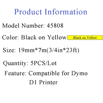 UNISTAR 5 PCS Compatíveis Etiquetas Dymo Fita 45808 Preto sobre Amarelo 19mm Impressora de etiquetas de Fita fita Dymo D1 Impressora
