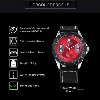 Marca De Luxo Homem Automática Do Relógio Mecânico Dos Homens Relógios Desportivos Red Marcar Pulseira De Couro Genuíno Data De Exibição Casual Relógio De Pulso Dos Homens
