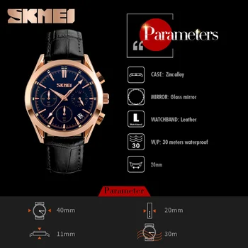 SKMEI Homens Relógios de Quartzo de alto Luxo da Moda Casual Mens Relógios Resistente à Água 30M Data de Tempo de Relógio de Couro Homem Relógio 9127