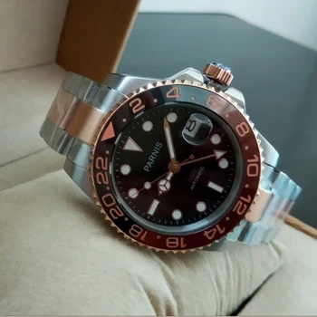 Parnis 40mm Mecânico Automático dos Homens Subiu Relógios de Ouro GMT Cristal de Safira Homem do Relógio relógio masculino Papel de Luxo Homens Relógio