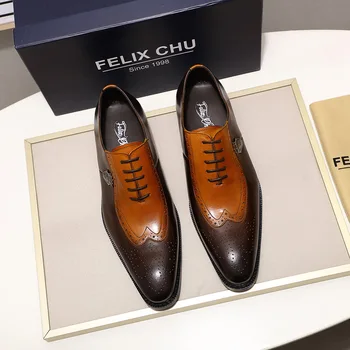 FELIX CHU Artesanal Homens de Oxford, Sapatos sociais de Couro Genuíno Marrom Vestido de Sapatos de Mens Joaninha Pontiagudo Dedo do pé Laço Calçado