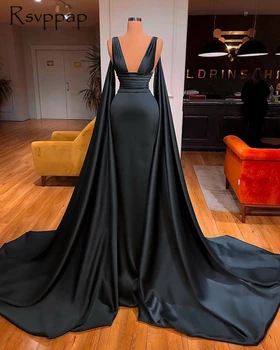 Longo preto de Vestidos de Noite em 2020 com decote em V sem Mangas Dubai Mulheres Cetim de Alta Qualidade Formal Vestidos de Festa à Noite Com Xale
