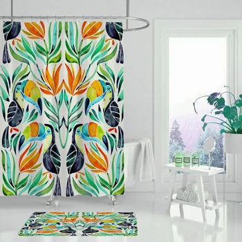 Cortina de chuveiro flor tropical e de aves, cortina de banheiro conjunto de não-deslizamento do tapete tapete de casa de banho a decoração home