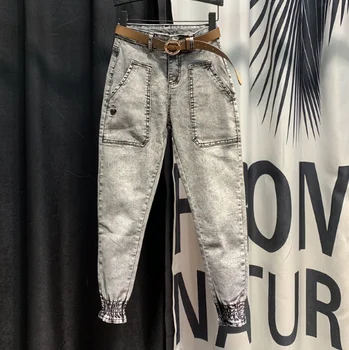 Moda Jeans Mulher 2020 Mola Solta Calças De Harém Novo Bolsos Feixe De Perna Skinny Jeans De Cintura Alta Jeans Alunos