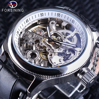 Forsining Relógio de Prata da forma de Esqueleto Relógio Projeto da Engrenagem Mecânica Relógios de pulso para Homens de Mãos Luminosas de Cabedal Preto