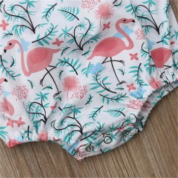 Recém-nascido Criança Criança Menina Flamingo Romper Babados Macacão +Cabeça de Roupas 2020 Verão Cartoon Impressão Roupas de 0-24M