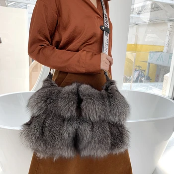 FXFURS 2020 Real Novo Fox Fur Sacos de Mulheres Mensagem de Ombro Único Crossbody Sacos de Pele de Raposa prateada Grande Senhora Saco de Embreagem