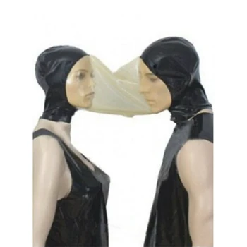 Sexy amantes lingerie unisex latext emendados transparente trajes de látex duplo capuzes casal máscara cekc uniforme fantasias fetiche
