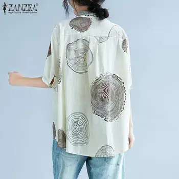 Plus Size Túnica das Mulheres Impresso Blusa 2021 ZANZEA Elegante Camisetas de Verão Casual Blusas Meia Manga Feminina Botão de Lapela para Baixo Tops