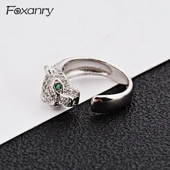 Foxanry 925 Anéis de Prata Esterlina Criativo Terndy Deslumbrante Zircão Leopardo Animal anillos para as Mulheres de Casais Jóia do Partido Presentes
