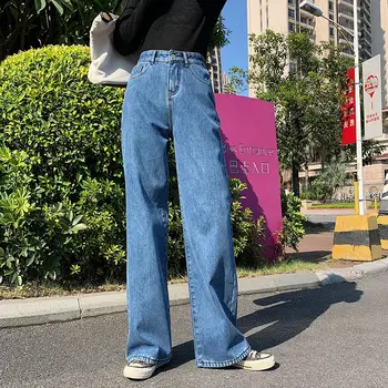 Cintura alta Largura de Perna calças de Brim das Mulheres do Vintage Bolsos de Todos-jogo Bolsos Elegante, Tudo de correspondência Calças das Mulheres coreano Estilo Streetwear Chique