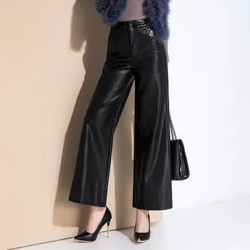 Moda de inverno da mulher grossa de couro genuíno calças de cintura alta casual pele de Ovelha calças feminino de veludo preto de perna larga calças F521