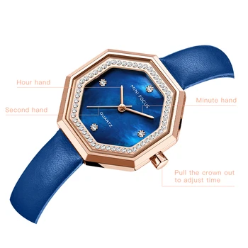 MINIFOCUS Moda Azul das Mulheres Relógio de Quartzo Senhora de Couro Feminino relógio de Pulso de Cristal Casual Impermeável Senhoras Relógios de Presente para a Esposa