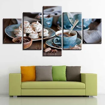 Lona Fotos de Decoração de Casa Modular HD Imprime 5 Peças Xícara de Café Pinturas Multa Chá da Tarde Pôster de Parede de Cozinha de Arte-Quadro