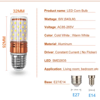 Lâmpada LED E27 E14 Alto Brilho Lâmpada de Poupança de Energia 220V 110V Milho Lâmpada Candelabro 6W SMD2835 a Decoração Home do Bulbo