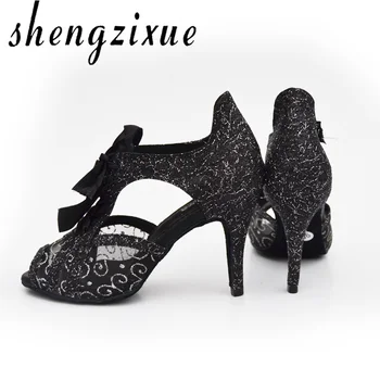 ShengzixueGirl das Mulheres de Sandálias de Senhoras Brilho Cintilante PU Pano de Lantejoulas de Salão/Dança latina Sapatos de Prata/Preto/Ouro 7CM/5CM