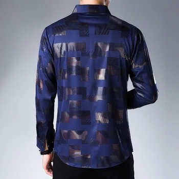 Loldeal Business casual camisa de manga comprida bronzeamento impresso de treliça não-camisa de ferro