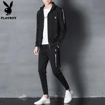 Playboy dos homens de moda fino de algodão confortável suor-absorvente e respirável esportes roupas em execução jaqueta calças roupa de duas peças