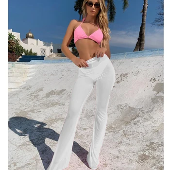 Mulheres Sexy Beach Ver através de Malha de Alta Cintura Elástica Pura de Perna Larga Calças Calças de Biquíni Cobrir S-XL