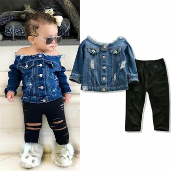 Novo 2020 Doce De Criança Do Bebê Roupas De Meninas De Jeans, Casaco De Botões De Ombro Tops Rasgado Buraco Calças Compridas Roupas Infantis