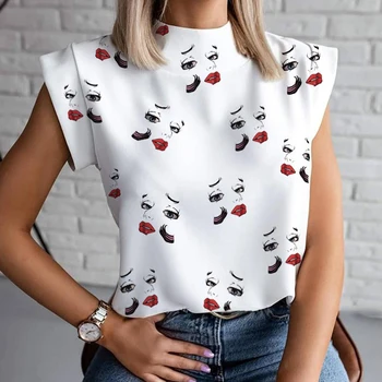 Moda das Mulheres Elegantes Lábios de Impressão Tops e Blusas Camisas de 2021 Verão Senhoras Office Casual fique Pescoço 
