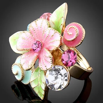 Chran Moda de Esmalte Flor de Anéis para as Mulheres Atacado Cor de Ouro Brilhante de Cristal Partido Jóias Anéis