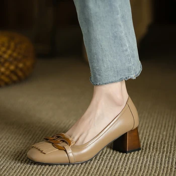 Couro genuíno Sapatos para as Mulheres 2021 Primavera de Salto Grosso Dedo do pé Quadrado Bombas Feminino Rasa de Moda de Trabalho Casuais Sapatos de Mulher Calcanhar