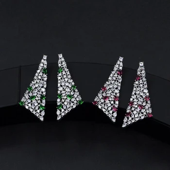 8 Exclusivo Triângulo Multi Cúbicos de Zircônia Instrução Grandes Longo Brinco do parafuso prisioneiro da Mulher Festa de Casamento Brincos com Cristal Verde E896
