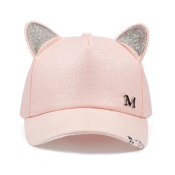 2018 novo miau Mulheres Verão outono preto branco cor-de-Rosa chapéu de orelhas de Gato Gato boné de Beisebol com anéis e rendas menina bonito chapéu