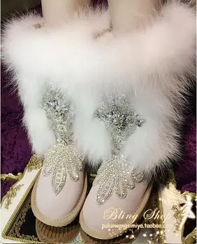 Original Strass Pesados de Luxo Inverno Pele de Raposa Grama Aumento de Botas de Neve de Inverno de Couro de Alta Sapatos femininos