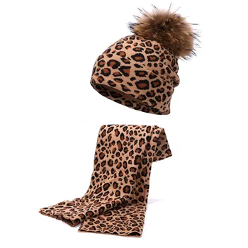 Leopard Print Unisex Chapéu E Lenço De Outono Inverno Duplo Beanies Skullies Chapéus Para Mulheres Elasticidade Quente Lenços De Chapéu De Pom Pom