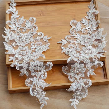 Marfim Alençon Renda Applique Frisado de Lantejoulas Patch Para fontes do Casamento Cabelo Nupcial da Flor Capacete de 2 peças