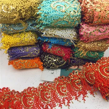 10yards Vintage design Metalizado Motivo Bordado Glitter poder Nigéria Veneza Guarnição do Laço de Cordão de Crochê