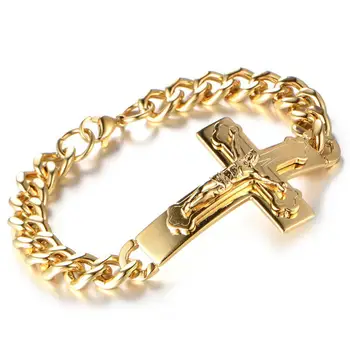 Ouro, Prata, Cor de Aço Inoxidável Braçadeira de Pulseiras para Homens Jesus Cruz Link Cadeia de Pulseiras de Metal Religiosa Crucifixo de Jóias