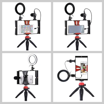 4 em 1 Móvel de Fotografia Stand Telefone Estabilizador Com Microfone+Vlogging Rig+Mini Tripé+Luz do Anel do DIODO emissor de Accessorice