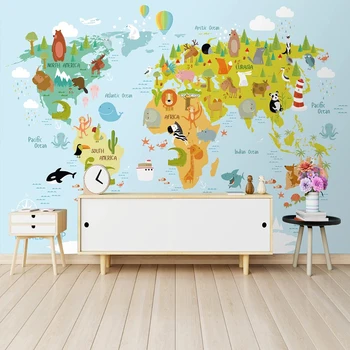 3D personalizado Mural de Parede Para Quarto de Crianças, Animais dos desenhos animados Mapa Crianças Facilidades Quartos, Sala, Pintura de Parede de Fotos de papel de Parede