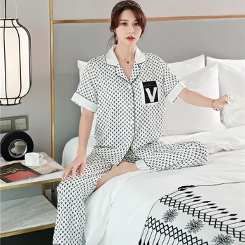 Pijamas novos de Mulheres da Primavera e do Outono, o Gelo Seda Impressa de Mangas Curtas com Shorts Confortável Lapela de Lazer Tops Homewear Sleepwear