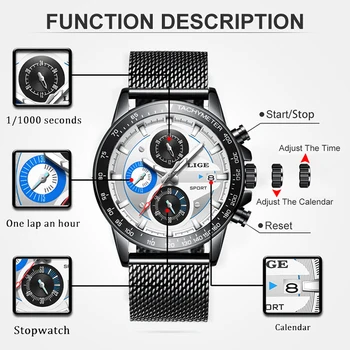 Relógio Masculino LIGE Moda Homens Relógios Masculinos Negócios Criativos Cronógrafo Relógio de Quartzo do Aço Inoxidável Relógio à prova d'água Homens