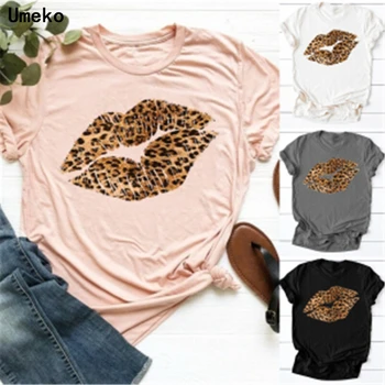 Leopardo Impressão de Lábios Beijar T-Shirt para as Mulheres O-Neck Manga Curta, Camisetas, Tops Borgonha Casual Camiseta de Verão De 2020 Novo Tamanho S-5XL