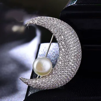 Novo, Totalmente-jewelled Lua Broche para as Mulheres Terno Feminino Anti-Exposição Pérola Pinos do cristal de rocha Jóias Lenço Fivela de Roupas Acessórios