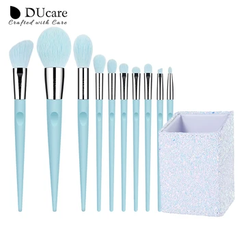 DUcare 10PCS Azul maquiagem pincéis conjunto completo de grande blush em pó sombra de olho maquiagem pincéis marcador de maquiagem de ferramentas com caneta segurar