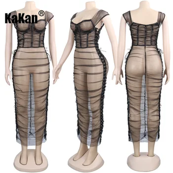 KaKan Sexy Palavra Cinta de Ver através de Malha vestido Vestido de Verão de 2020 Mulher Boate Vestido de