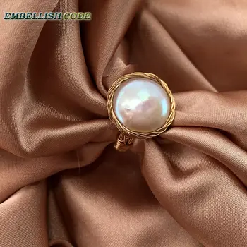 Admirável NOVO Designer de ouro fio barroco, com pérolas cultivadas mão fazer o anel de cor branca para as mulheres garota dom incomum