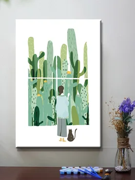 DIY de Pintar por Números de Cactus Menina e o Gato de Verão Arte de Parede Artesanais Decorativos