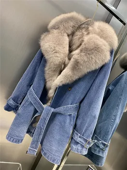 2020 Jeans Parka Revestimento Do Inverno Das Mulheres De Médio A Longo Real Fox Fur Casaco Do Terno De Colarinho Real Grossa Quente Forro De Pele De Raposa Outerwear