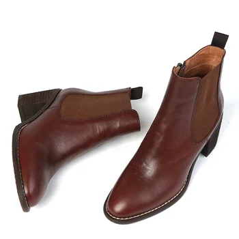 Mulheres de couro genuíno de espessura de alta calcanhar, dedo do pé redondo elástico slip-on chelsea boots outono quente luxuoso conforto curto botas sapatos
