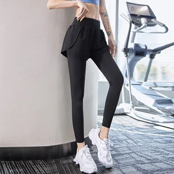 F. DYRAA Ginásio Leggings Calças de Yoga Fitness Esportes de Roupas de Mulheres Falso de Duas Peças Com par de meias-Calça de Cintura Alta Trecho