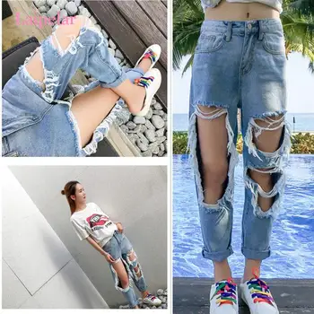 Plus Size 5Xl Ripped Jeans Mulheres Soltas Fina Jeans Moda Calças Calças Aventais Vintage Feminino Calças Rasgadas
